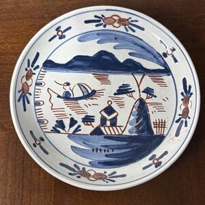 Delft Blue Plate  with Fisherman Scene with Red Dutch Tin-Glazed Earthenware 4.5